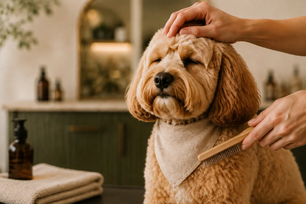 A dog receiving attentive care at a grooming salon